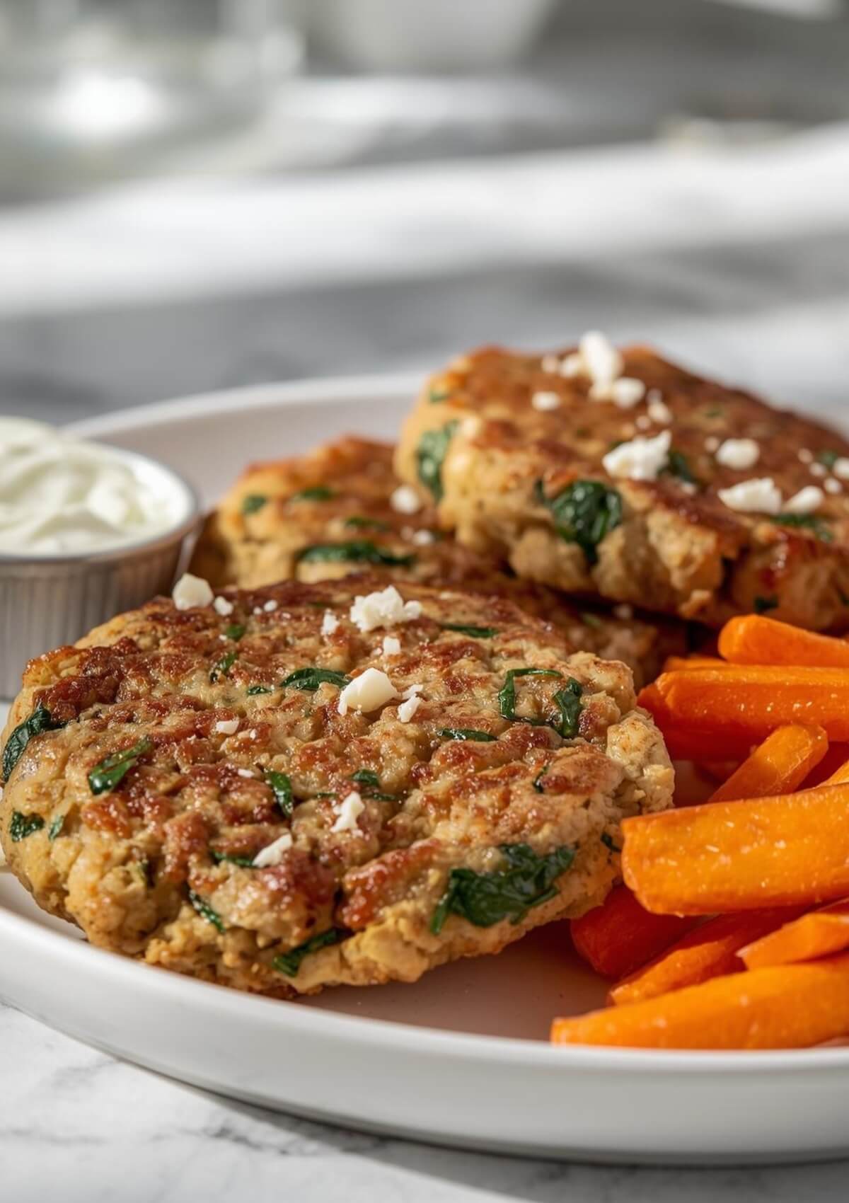 Crispy carrot fries are a perfect side dish for these low carb chicken feta spinach patties