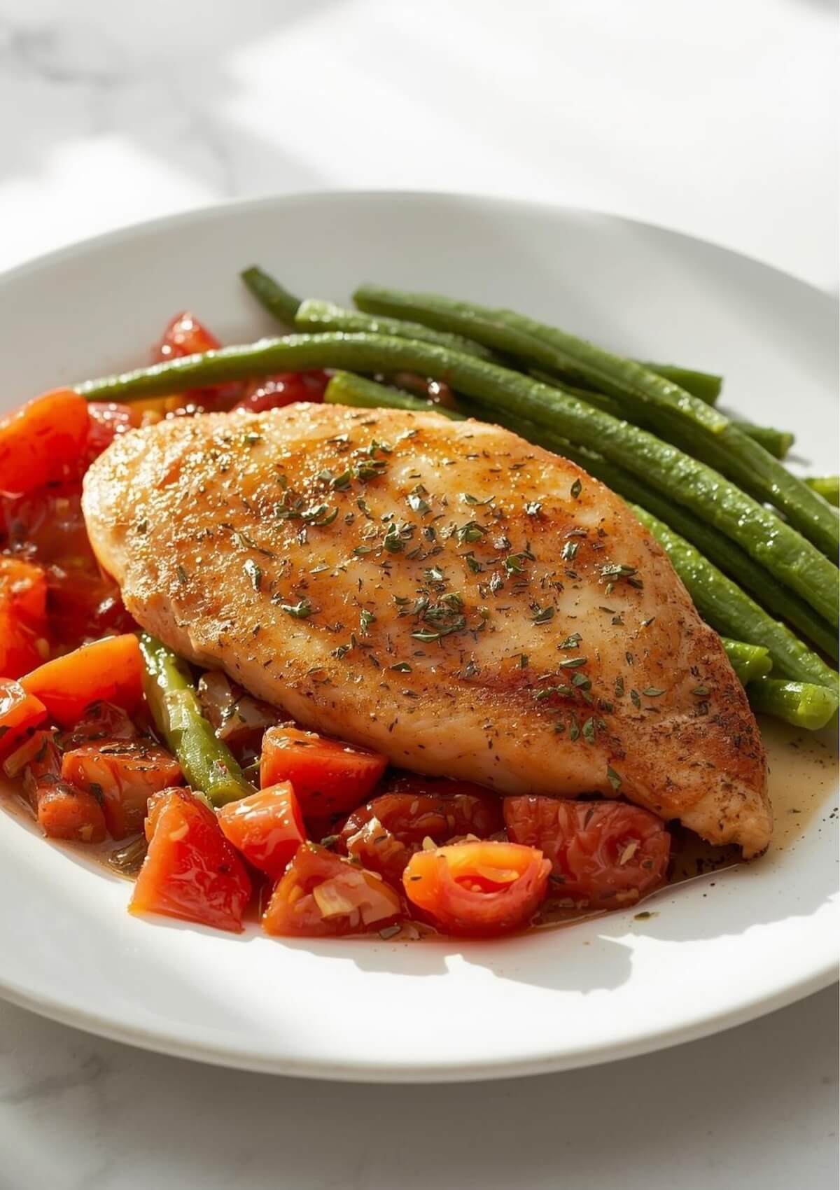 Chicken & Green Beans made extra special with inexpensive canned tomatoes and fresh green beans