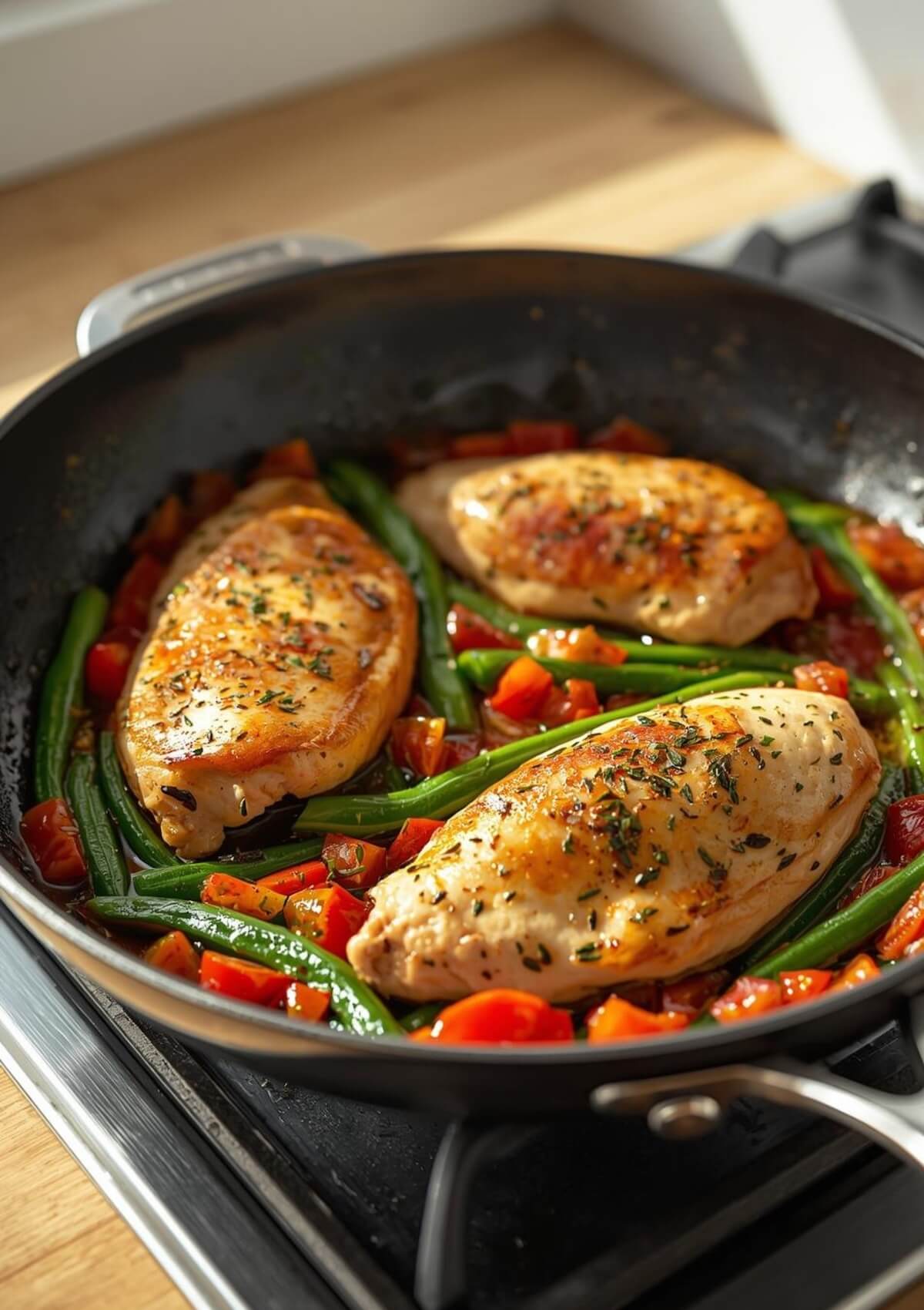 This Chicken & Green Beans recipe uses simple ingredients including garlic, canned tomatoes and fresh green beans