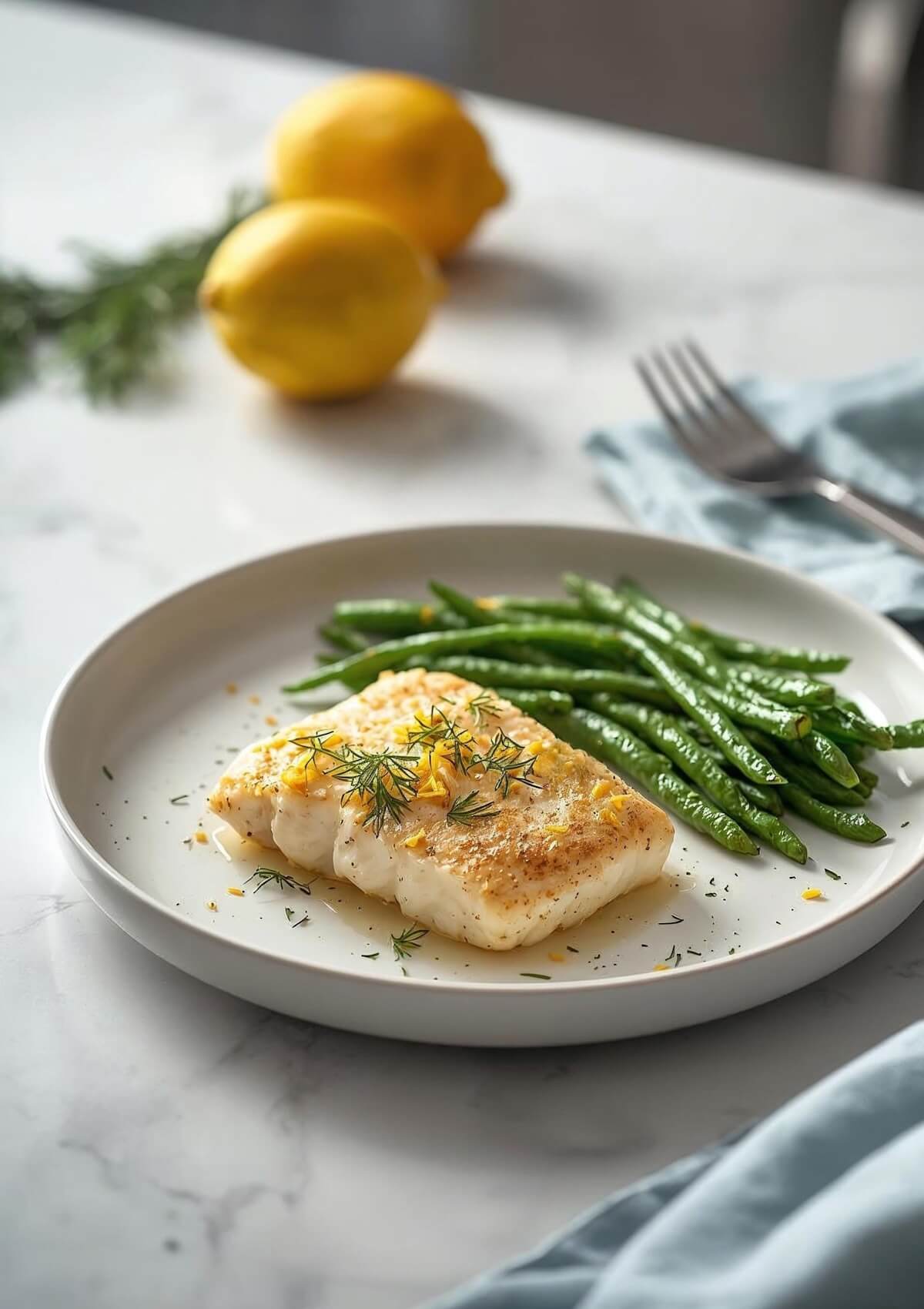 Lemon-Dill Cod with Green Beans is a low carb dish that is perfect for the entire family